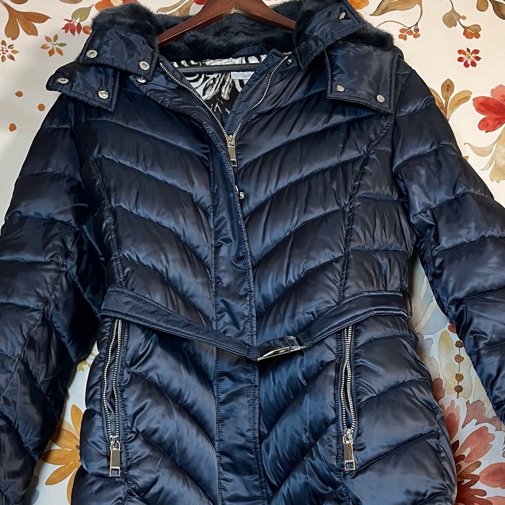 Nine West L Dark Blue Chevron Puffer Belted Fall Winter Faux Fur Trim Jacket